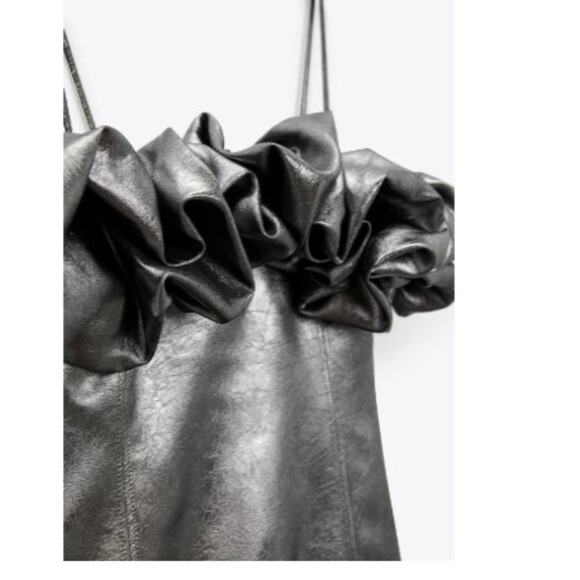 Zara Metallic Silver Spaghetti Strap Mini Dress Ruffle Neckline Small - Picture 9 of 10
